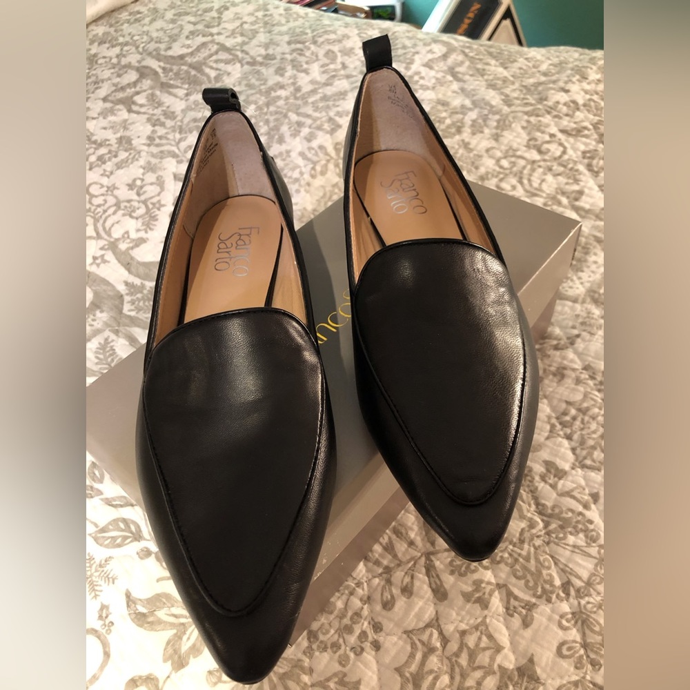 Franco Sarto Studio black loafers.  Size 8.  Pointed toe.  Brand new, in box.